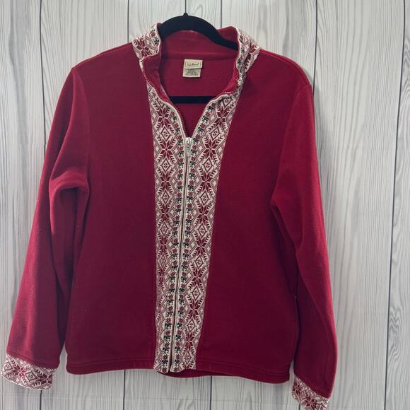 Y2K LL BEAN womens S Fleece JACKET Nordic Snowflake Knit Trim  Skandi Fair Isle - Picture 1 of 8